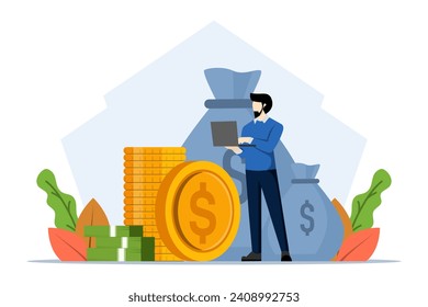 Financial management concept. Businessman character holding laptop and saving money and analyzing financial reports. People who manage personal finances. savings. flat vector illustration.