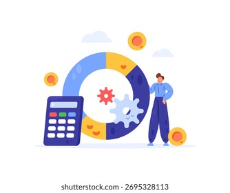 Conceito de gestão financeira. Calcular e gerenciar o orçamento financeiro de uma empresa ou empresa. Ilustração de um contabilista organizando e gerenciando finanças. Estilo de design plano. fundo branco.