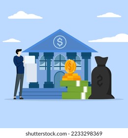 Konzept der Finanzverwaltung. Charakterzählung Geld zu sparen, Analyse der öffentlichen Finanzen, Konzept der Geldhaltung in der Bank. Konzept der Finanzkontrolle. Flacher Cartoon, Vektorgrafik.