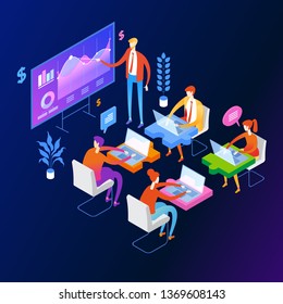 Financial management concept. Collaboration concept with collaborative people. Isometric business analysis planning. Flat isometric vector illustration.