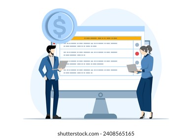 financial management concept, debit and credit accounting characters, calculating bills and income tax, budget bookkeeping concept, people working on documents, flat vector illustration.