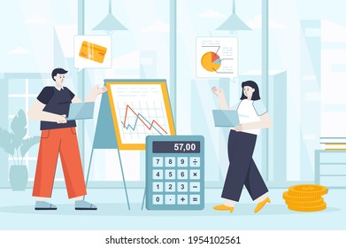 Financial management concept in flat design. Employees work in office scene. Man and woman analysis data graphics, accounting, investment. Vector illustration of people characters for landing page