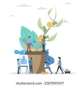 ilustración de concepto de gestión financiera, cultivo de árboles con monedas y dinero, cuidado de las monedas de agua de árboles, crecimiento y ganancia de dinero, beneficio, exitoso símbolo vector de negocio