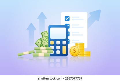 Financial management concept and investment, Flat design of payment with money, cash, banknote, calculator and credit card. Vector Illustration and banner template.