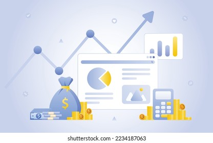 Financial management concept and investment, Flat design of payment with money, cash, banknote, calculator and credit card. Vector Illustration and banner template.