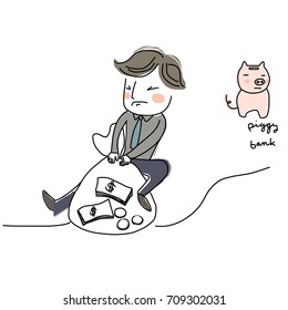 Financial management concept with man struggling to drag money bag to piggy bank. Vector illustration with hand-drawn style.