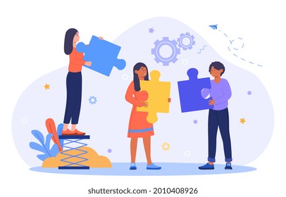 Financial management concept. Men and women collect a puzzle. A metaphor for working together and improving labor efficiency. Cartoon modern flat vector illustration isolated on a white background