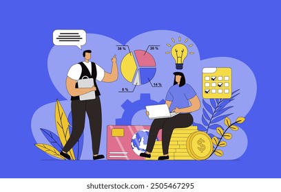 Financial management concept with modern flat design for web. Man and woman counting data and analyzing budget, inspecting statistics and banking reports, planning their finance. Vector illustration.