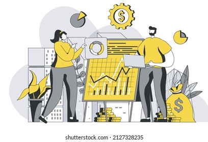 Financial management concept with outline people scene. Man and woman counting data and analyzing budget, studying statistics and reports. Vector illustration in flat line design for web template