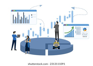 Financial management concept, Statistics and business reports, tiny people as puzzles collecting infographics, doing data analysis. business dashboard with charts. Flat vector illustration.