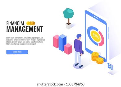 Financial management concept. Web banner, infographics. Isometric vector illustration.
