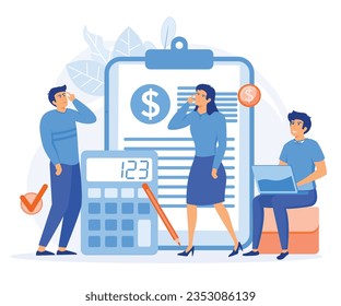  financial management concepts, People with financial document, calculator and pencil. flat vector modern illustration