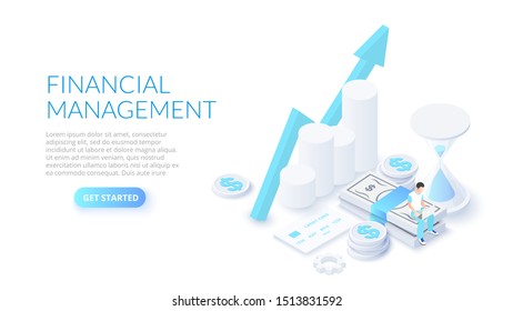 Financial management design concept with sitting man, money and hourglass. Isometric vector illustration. Landing page template for web.