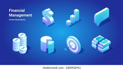 Financial Management, Fin tech, Money Marketing Funds Isometric Icon for banner background design concept. metaverse elements with gradient. Creative Vector illustration