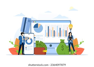 Financial management flat design concept. data analysis with characters. people who conduct market research, work with graphs and charts, analyze reports. flat vector illustration on white background.