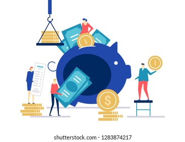 Financial Management - Flat Design Style Colorful Illustration On White Background. Composition With Male, Female Characters Putting Coins Into A Piggy Bank, Banknotes, Receipt. Money Saving Concept