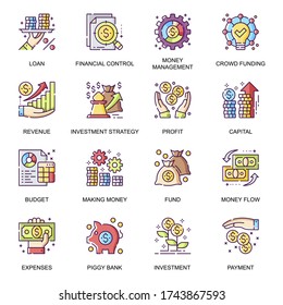 Einstellung der Symbole für die Finanzverwaltung. Geldfluss, Crowdfunding, Sparschwein, Einnahmen und Darlehen, Kapitalwachstum, Haushalt, Geldlinienbildung Piktogramme für mobile Anwendungen. Symbol für die Investitionsstrategie