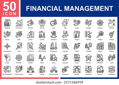 Financial Management icon collection set.
Budgeting,Forecasting,Investing,Savings,Debt,Risk,Assets,Liabilities,Cash flow,Expenses,Income,Profit,Growth Icon Symple Line Vector