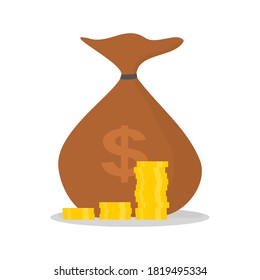 financial management icon. golden coins stack as growing graph with money bag isolated on white background. fund and saving concept. vector illustration