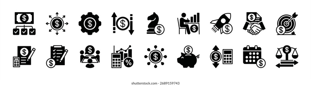 Conjunto de Vectores de icono de gestión financiera. Contiene ingresos, ahorros, gastos, estrategia, inicio, contrato, Acuerdo, objetivo, contabilidad, lista, planificación, decisión, saldo, gastos, impuestos. Ilustración
