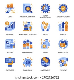 Iconos de gestión financiera establecidos en estilo plano. Flujo de dinero, crowdfunding, banco de cerdo, ingresos y préstamos, capital, fondos y presupuesto, haciendo señales de dinero. Pictogramas de estrategia de inversión para el diseño de la interfaz de usuario UX.