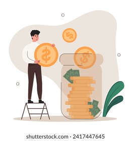  Financial management illustration. Character saves his money and puts it in a piggy bank. Personal finance planning. Vector illustration.