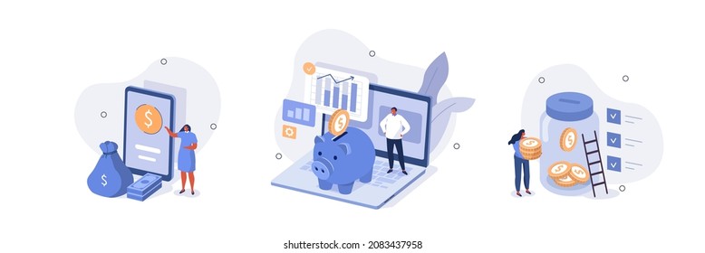 Financial management illustration set. Characters saving money and analyzing financial report. People managing personal finance. Money savings and deposit growth concept. Vector illustration. - Shutterstock ID 2083437958