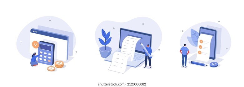 Financial management illustration set. Characters planning finances, calculating and analyzing income bills and taxes. Personal finance and savings concept. Vector illustration.

