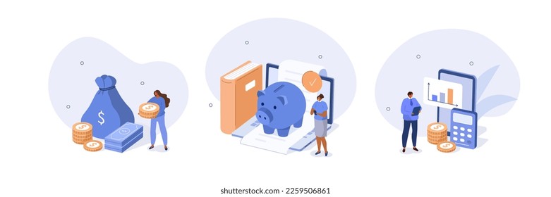 Financial management illustration set. Characters saving money in piggy bank and analyzing report. Personal finance planning and deposit growth concept. Vector illustration.