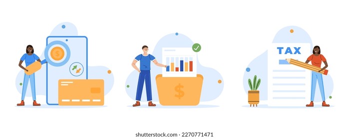 Financial management illustration set. Characters investing money, money management, tax. Personal finance management and financial literacy concept. Vector illustration.