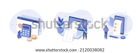 Financial management illustration set. Characters planning finances, calculating and analyzing income bills and taxes. Personal finance and savings concept. Vector illustration.
