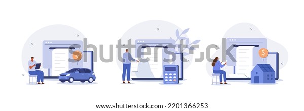 Financial management\
illustration set. Characters paying credit, mortgage, taxes and \
household invoice bills. Personal finances, loans and debt concept.\
Vector illustration.