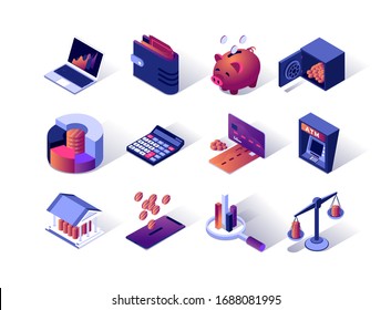 Financial management isometric icons set. Credit card, ATM terminal, wallet, piggy bank, calculator and bank safe. Money saving, banking and investment, calculation and accounting 3d vector isometry.