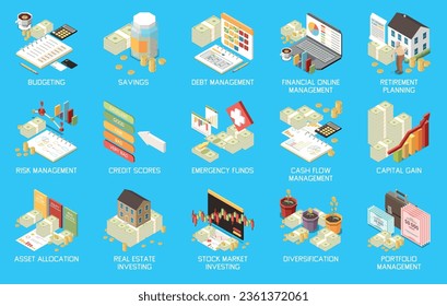 Financial management isometric icons set with personal finances symbols isolated vector illustration
