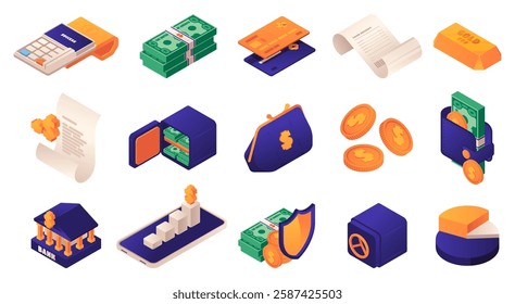 Financial management isometric icons set. Vector credit card and wallet, bank institution and diagram, calculator and safe. Money saving, banking and investment, calculation and accounting