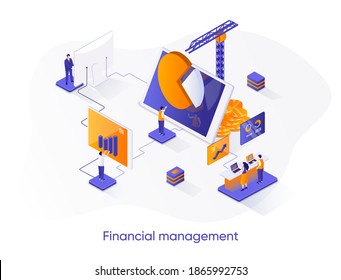 Financial management isometric web banner. Data analysis and strategy planning isometry concept. Business forecasting 3d scene, risk management flat design. Vector illustration with people characters.