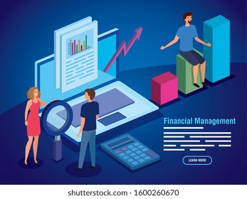 financial management with laptop and business people vector illustration design