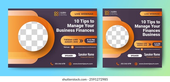 Financial Management Live webinar banner invitation template design. social media post template. Business webinar invitation design. Vector