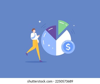 financial management. make a budget plan or planning about expenses and income. managing finances and revenue sharing. a businessman who analyzes data from a pie chart. illustration concept design