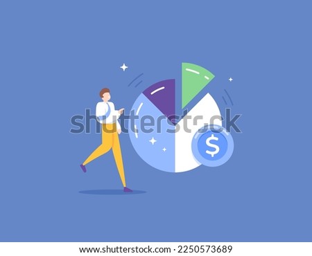 financial management. make a budget plan or planning about expenses and income. managing finances and revenue sharing. a businessman who analyzes data from a pie chart. illustration concept design