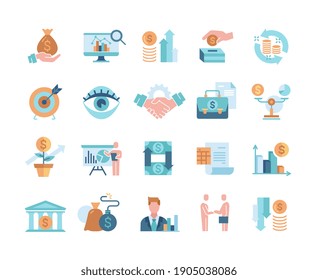 Financial management minimal style icons, trade service and investment strategy. Bundle of colored pictograms and infographics. Set of colorful vector illustrations isolated on white background