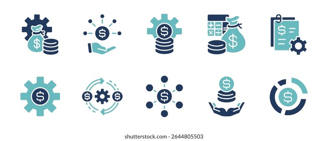 financial management with money gear cog wheel symbol icon set business accounting budget control economy strategy target planning signs vector illustration