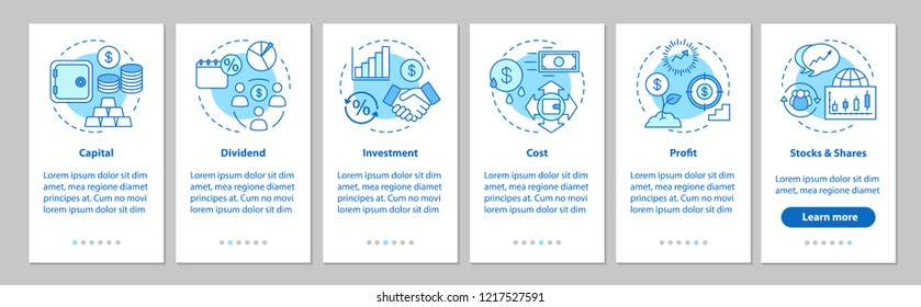 Financial management onboarding mobile app page screen with linear concepts. Investment and savings walkthrough steps graphic instructions. Banking. UX, UI, GUI vector template with illustrations