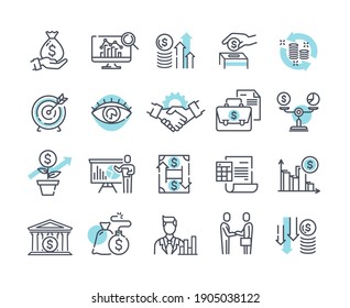 Financial management outline icons, trade service and investment strategy. Collection of thin line pictograms and infographics. Set of black and white vector illustrations isolated on white background