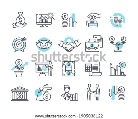 Financial management outline icons, trade service and investment strategy. Collection of thin line pictograms and infographics. Set of black and white vector illustrations isolated on white background