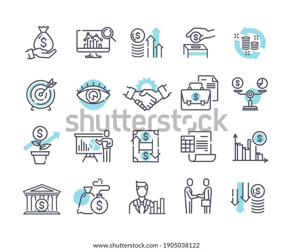 Financial management outline icons, trade\
service and investment strategy. Collection of thin line pictograms\
and infographics. Set of black and white vector illustrations\
isolated on white\
background