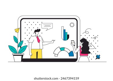 Financial management outline web concept in modern flat line design. Woman and man calculating money, analyzing finance at data and graph, bookkeeping and controlling budget. Vector illustration