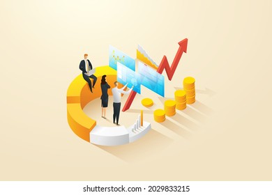 Financial Management Performance Analysis Infographic Concept increased growing profit of businesspeople team. isometric vector illustration.