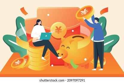 Financial management piggy bank illustration business character investment savings poster