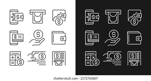 Iconos lineales perfectos de píxeles de administración financiera ajustados para el modo oscuro y claro. Retirando dinero de cajero automático. Crecimiento de la inversión. Símbolos delgados para la noche, tema del día. Ilustraciones aisladas. Trazo editable